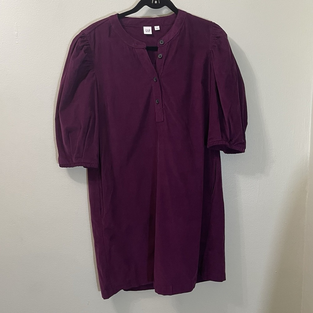 GAP Women's Large Berry Purple Corduroy Puff Sleeve Mini Dress Cotton Pockets